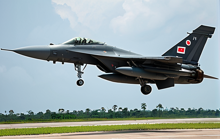 **
A modern Thai Air Force fighter jet launching countermeasures during an electronic warfare engagement. Focus on the technological aspects: radar jamming, missile defense systems, and AI-powered threat analysis. Background includes complex digital displays and data streams. Emphasize Thailand's advanced EW capabilities.
**