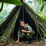 ** A Thai Air Force pilot in a jungle survival scenario. He is building a makeshift shelter with foliage. Focus on determination and resourcefulness in a realistic jungle setting.

**
