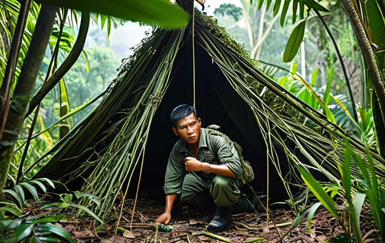** A Thai Air Force pilot in a jungle survival scenario. He is building a makeshift shelter with foliage. Focus on determination and resourcefulness in a realistic jungle setting.
**