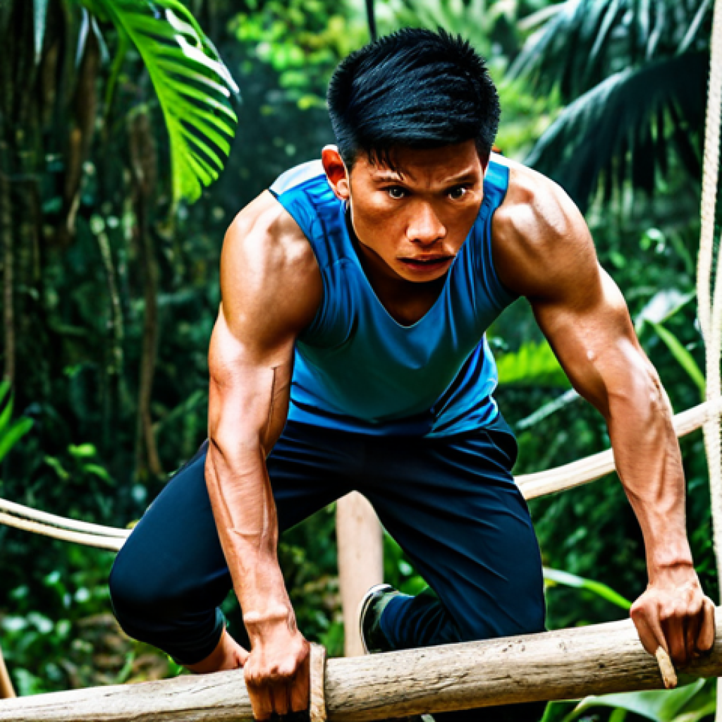 공군의 공군 특수부대 훈련 과정 - **

A young Thai man, fully clothed in athletic wear, intensely focused, completing a challenging ob...