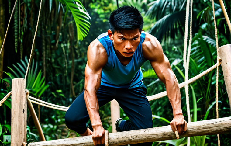 공군의 공군 특수부대 훈련 과정 - **

A young Thai man, fully clothed in athletic wear, intensely focused, completing a challenging ob...