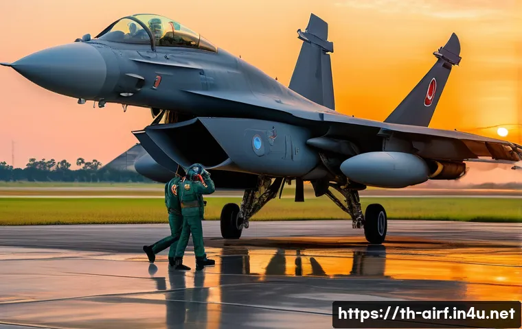 공군의 공군병 직책 및 역할 - A detailed scene of Thai Air Force personnel conducting precision pre-flight inspections on a modern...