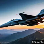 공군 전투기 종류 - A highly detailed scene of a modern fighter jet flying at supersonic speed above mountainous terrain...