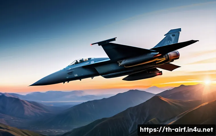 공군 전투기 종류 - A highly detailed scene of a modern fighter jet flying at supersonic speed above mountainous terrain...