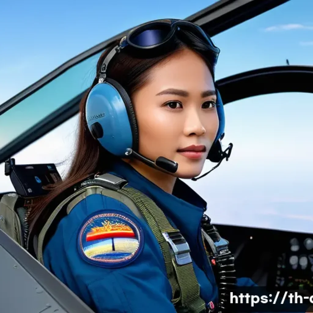 공군의 여성 조종사 성공 사례 - A confident Thai female Air Force pilot dressed in a neatly fitted flight suit, seated inside a mode...