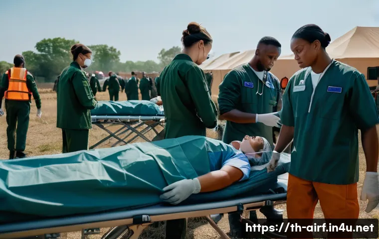공군의 공군 의무병 응급 대처 - A detailed scene of an air force medical team performing emergency triage in a military field hospit...