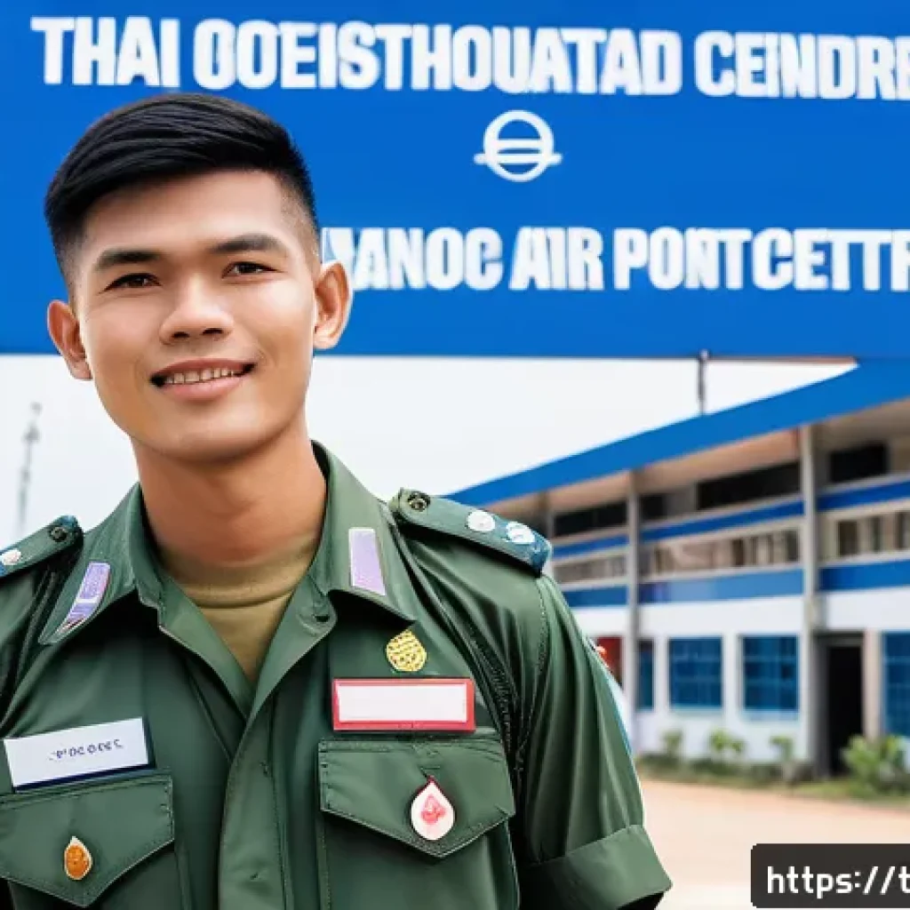 공군의 공군병 모집 절차 - A young Thai male candidate in neat military-style casual clothing, standing confidently in front of...