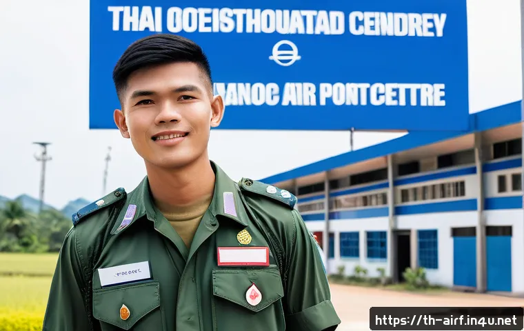 공군의 공군병 모집 절차 - A young Thai male candidate in neat military-style casual clothing, standing confidently in front of...