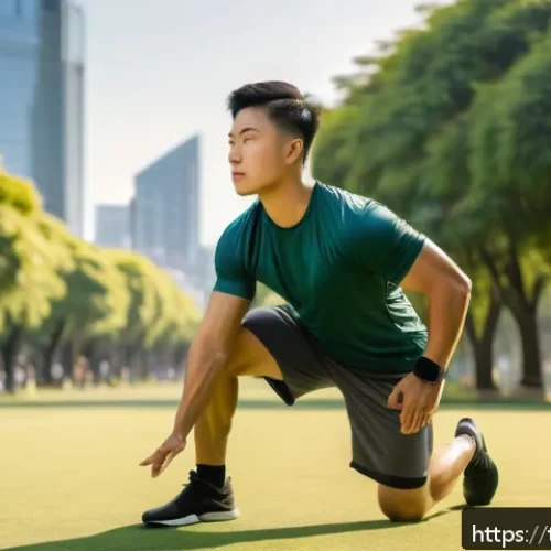 Home 30 공군 조종사 체력 테스트 - A focused young Asian man in athletic wear, performing a dynamic stretching routine outdoors in a su...