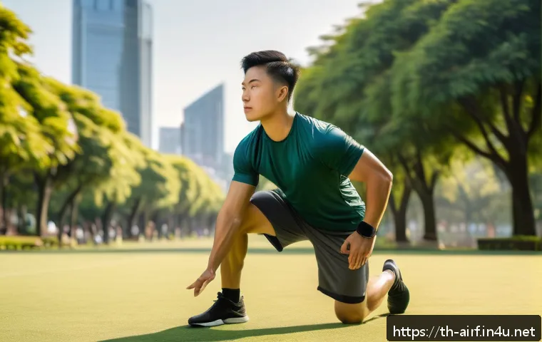 공군 조종사 체력 테스트 - A focused young Asian man in athletic wear, performing a dynamic stretching routine outdoors in a su...