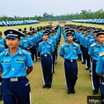 Home 23 공군의 공군병 진급 과정 - A detailed scene depicting Thai Air Force basic training camp with a group of disciplined young recr...
