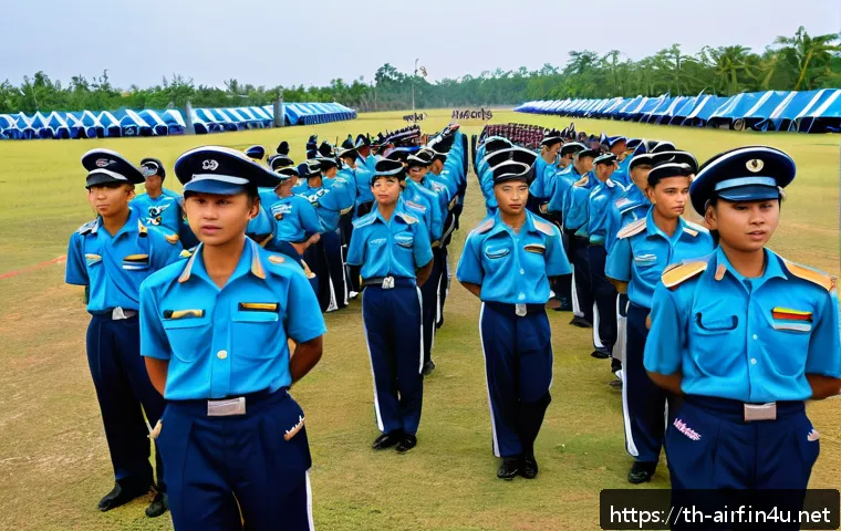 공군의 공군병 진급 과정 - A detailed scene depicting Thai Air Force basic training camp with a group of disciplined young recr...